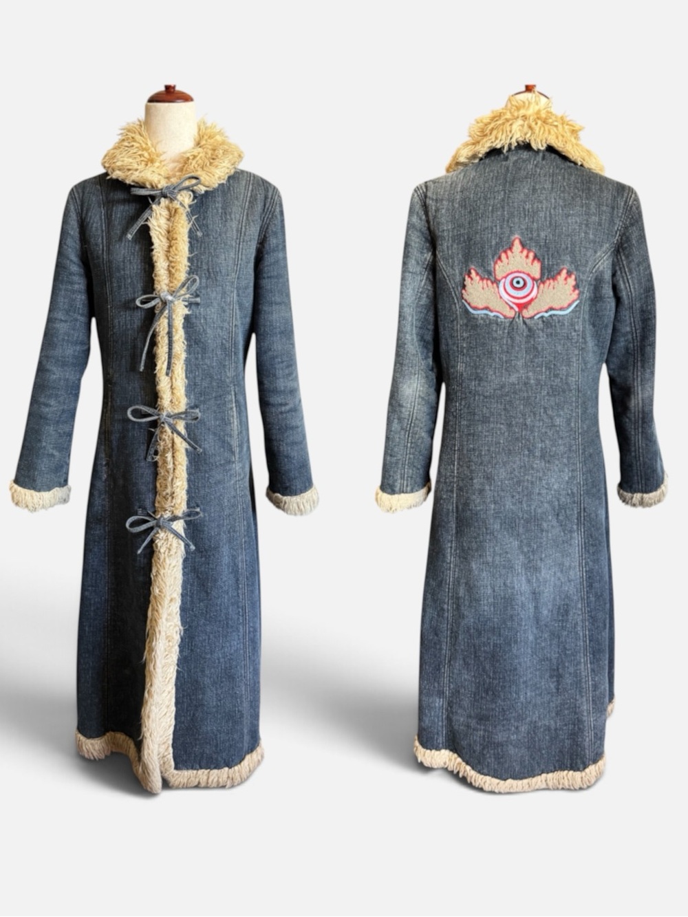 Custom 1-of-1 Vintage Denim Penny Lane Afghan Coat w/ Flying Eyeball Patch